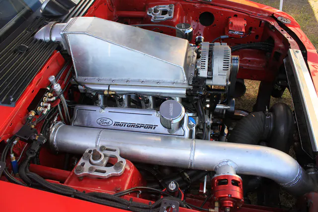 Power comes from a 434 cubic inch small block Ford topped with Yates heads and force fed by a Precision 106 MM turbo. Jason Gatlin’s Automatic Transmission Factory built the powerglide trans and torque converter which sends the power to an 8.8 Ford rear filled with all the goodies from Strange. Aerospace brakes get it stopped.