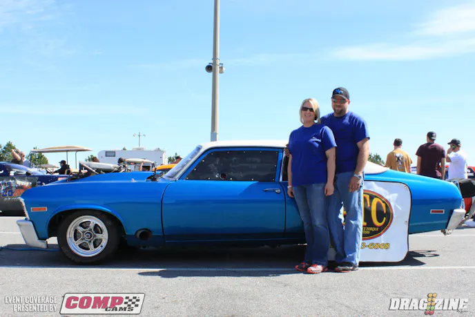 Heather Litrell sat on the bump after two rounds of Radial vs. the World in his 1972 Nova. He has a new cam for this year, has changed the gearing and did some weight reduction in the off season. So far the best run is his qualifying 4.85 at 154. He is shown here with his wife Tiffany.