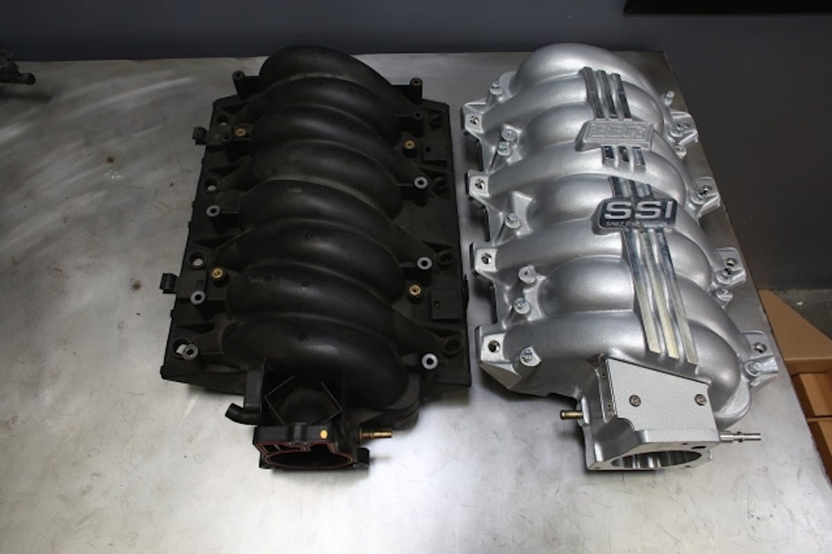 The most obvious difference between a factory LS intake and BBK's SSI is materials - instead of composite, the SSI is made from cast aluminum.