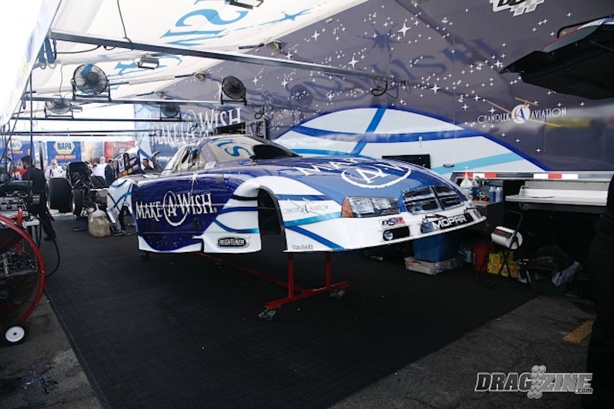So far the biggest news in the Pro pits is the major shuffling of crew chiefs within and among the teams. Don Schumacher Racing is expanding to four Funny Cars, adding a Dodge Charger R/T for Tommy Johnson Jr. (shown) to the potent carryover lineup of Matt Hagan, Jack Beckman and Ron Capps. At Pomona, vetean chief and tuner Rahn Tobler is helping the team, but there has not been an "official" crew chief named yet. 