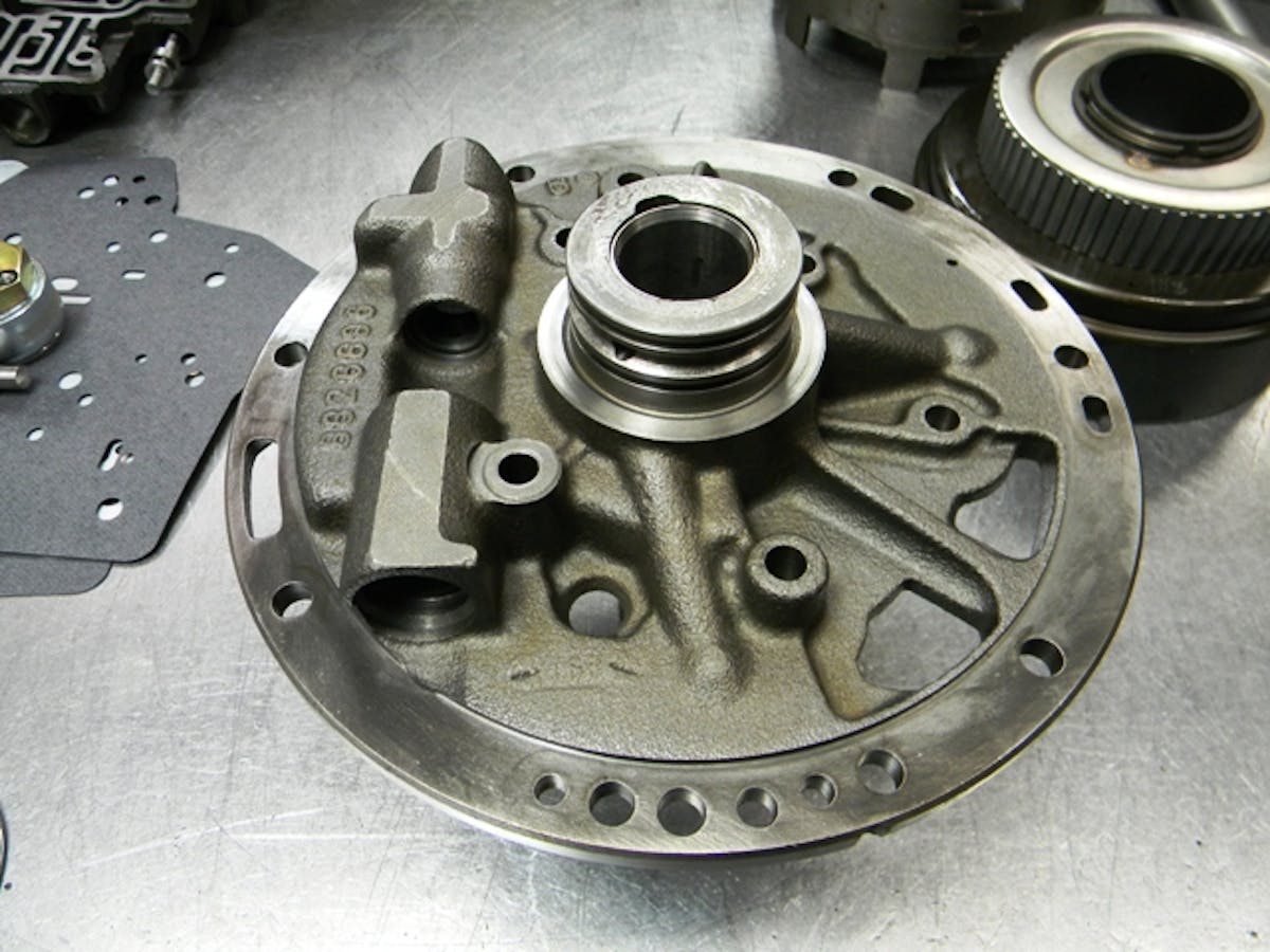 Here’s a rear view of the pump stator. The back of the pump houses the pressure regulator assembly and provides a fluid feed to the forerd drum for application of the forward clutch pack.