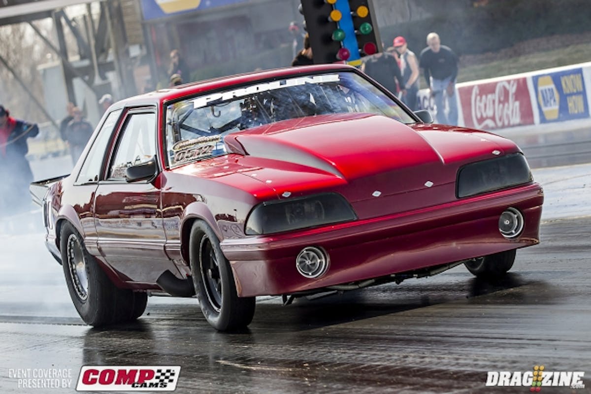 Outlaw Radial runner-up Rob Valden's Late Model Racecraft-prepped Mustang, which laid down a 4.16 during the weekend.