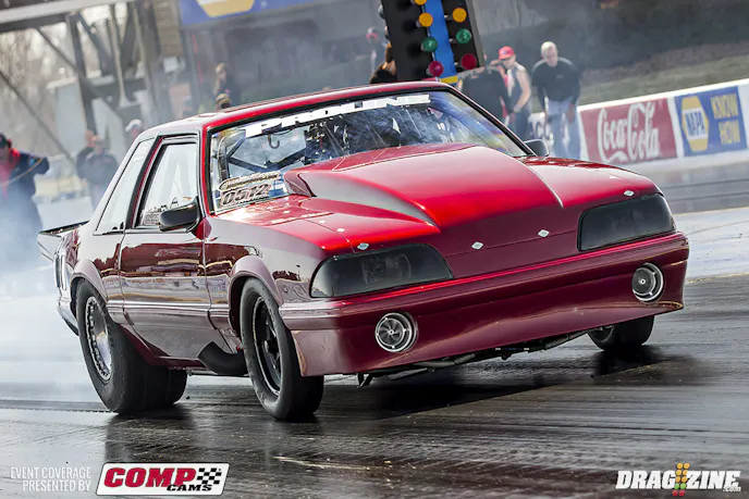 Outlaw Radial runner-up Rob Valden's Late Model Racecraft-prepped Mustang, which laid down a 4.16 during the weekend.