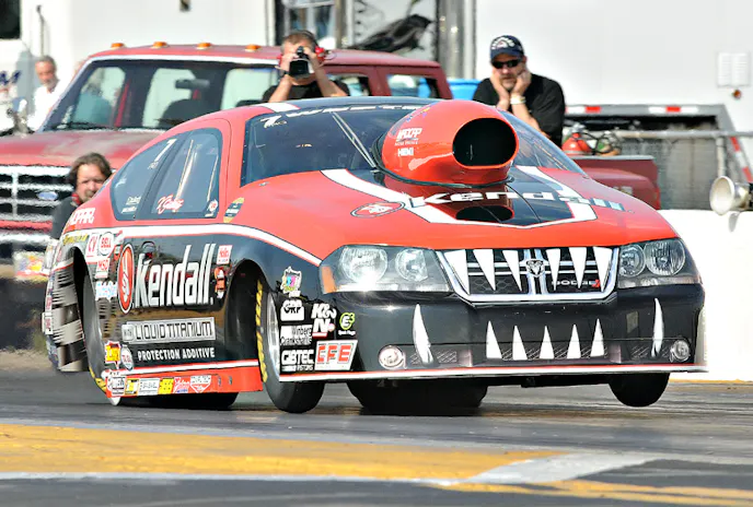 NHRA Pro Stock points leader V Gaines is celebrating 12 years with Kendall Motor Oil and working on some new things in Monday’s session. He finished second in the first two races of the 2014 season with his Kendall Motor Oil/Western Motorsports Dodge and is happy with the test results so far. They will be switching to the race set up for Tuesday to get things squared away for qualifying in Gainseville later this week. Photo courtesy Bryan  Epps.