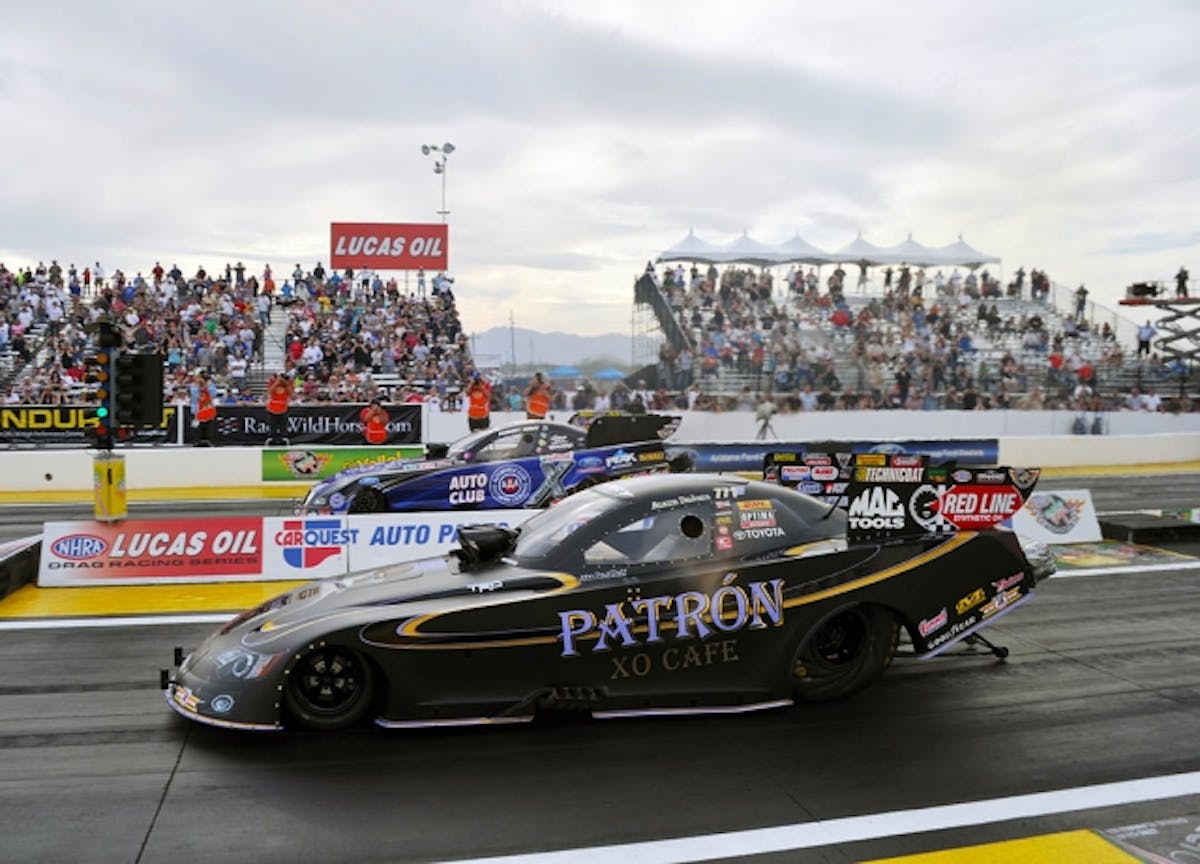 DeJoria on her way to the first professional win of her career over Robert Hight in the funny Car final at Wild Horse Pass Motorsports in Phoenix.