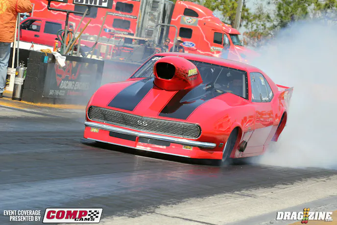 Rapid Ray Schuler is back for 2014 driving for Spyros The Greek with a fresh 864 cubic inch piece from Nelson Competition providing the power for the Jerry Hass built Pro Modified Camaro. The crew this weekend is No Mas Thomas, Spyros and Captian Sam I am. Chris Patrick is tuning for the test session this week.