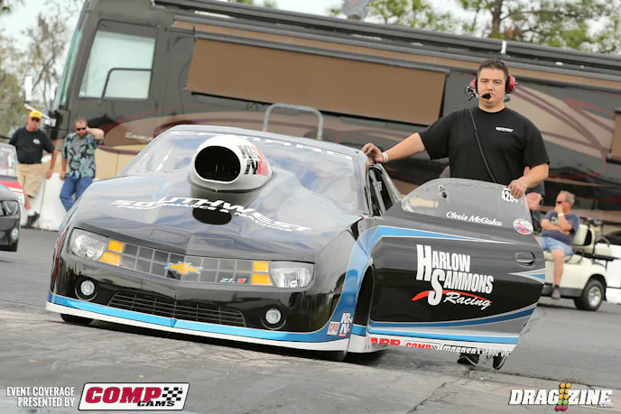 Chris McGaha purchased the Mike Edwards operation last year after running a Dodge for his first two years in the class. They retained Big Al from the Edwards camp with Chris and Scott Despain doing the engine work back at the shop. The Harlow Sammons team is based out of Texas and running half track passes today running two 4.21’s at 168 MPH for a satisfying session testing some new things. His Dodge operation is sitting at home and for sale. The team plans to run the full NHRA schedule this year and will focus on maintaining the performance of the new set up with crew chief Jim Yates at the helm. 