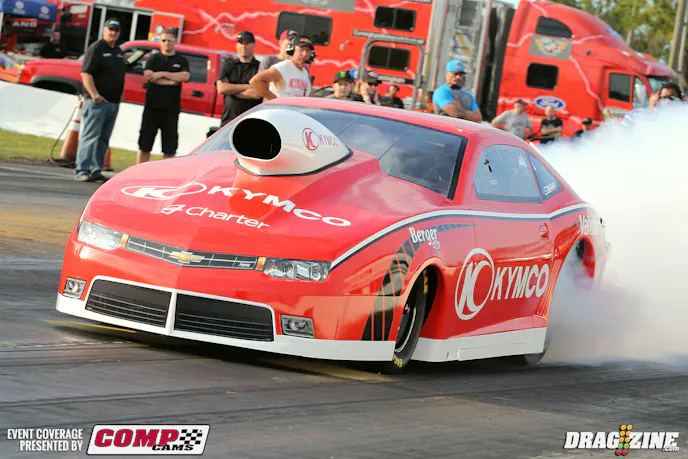 The Kymco sponsored Camaro is a brand new car out of the Jerry Haas shop for Shane Gray which did not get a pass after shutting off after the burnout. A minor glitch that will be repaired for Tuesday’s session. Kymco is on board for four races this year and is their first time as a primary sponsor for the team. 