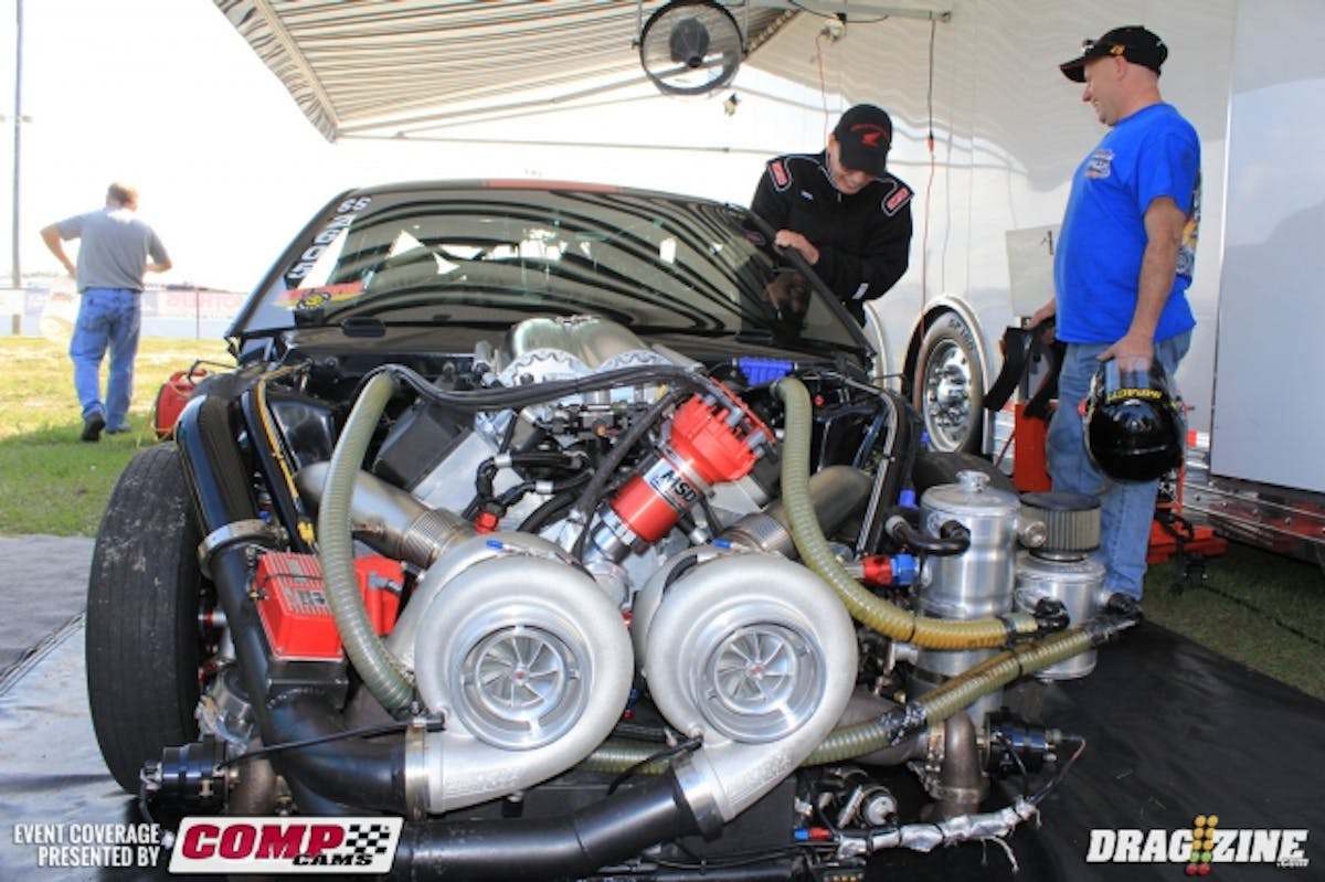 Reggi gave me the scoop on Willard Kinzer’s Mickey Thompson Super Street Mustang. The car was purchased mid season last year so this is the first outing here at Bradenton. It’s got a 522 big Chevy maintained by Pro Line Racing and twin turbos out front.