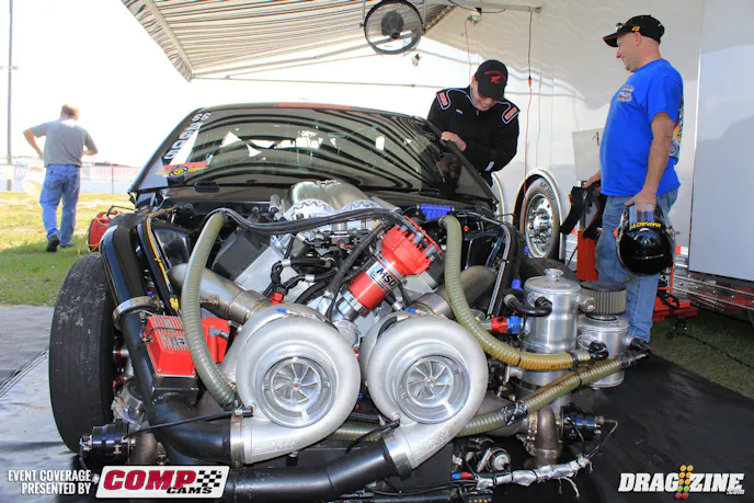 Reggi gave me the scoop on Willard Kinzer’s Mickey Thompson Super Street Mustang. The car was purchased mid season last year so this is the first outing here at Bradenton. It’s got a 522 big Chevy maintained by Pro Line Racing and twin turbos out front.