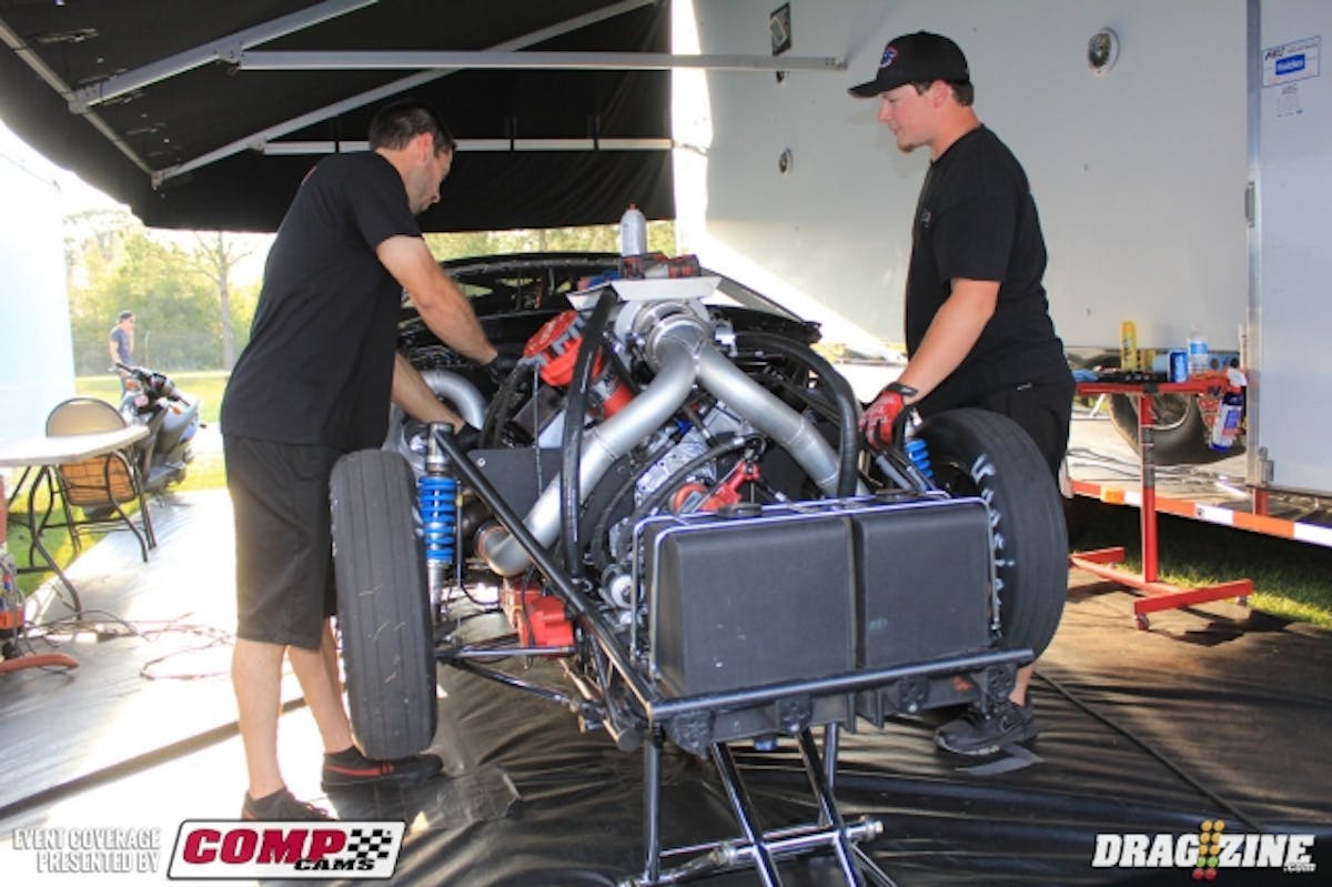 Jim Bell shook the tires on his run in Pro Mod. the crew was getting ready to pull the valver covers to check things over this evening after qualifying.
