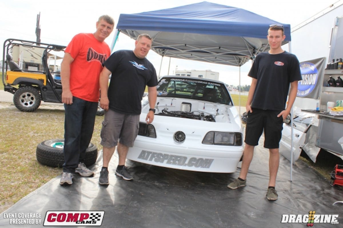 Another cross over racer is Tony Alm who sits number two in Stainless Works Street Outlaw. He runs X275 locally and is right on his best performance in X275 this weekend running a 4.68 to the eighth mile with only a gear change to run the full quarter mile. The MPR engine is fed by a Garrett GTX 88 MM turbo backed with transmission and converter from ATF. Dave Dodge from Tig Vision built the chassis. Steve Lee, Tony Alm and Nick Lee from left to right.