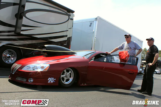 Iowa racer Mark Hogan runs the Jerry Hass built Pontiac with an older engine purchased from the Summit Racing team. The car was purchased last year and will be run this year with this body, then fitted with a Camaro body for the 2015 season as the older Pontiac shell will no longer be eligible in Pro Stock.