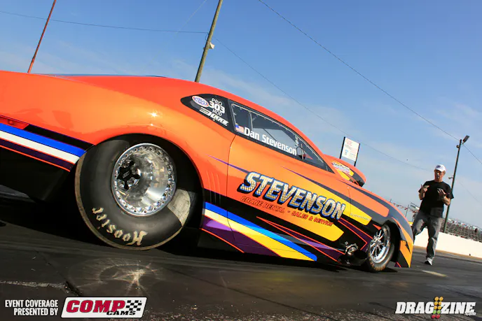 Dan Stevenson is sporting a new 872 cubic inch bullet from Reher Morrison with Switzer Nitrous as well as a new crew chief with Tony Christain on board. He made four runs Monday with three going A to B, a pair of 3.96’s and a 3.93. They have tested three times this year with Monday being the best results so far. Stevenson is racing only with NHRA this year to spend more time with his family.
