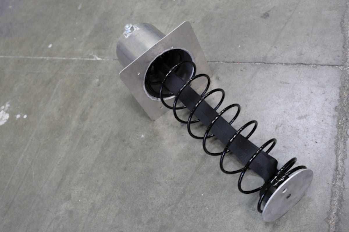 For BlownZ, we chose the mechanical launcher option. The spring is housed within the can at the top of the photo and is retracted with a wrench, whereupon a pin is inserted into the housing for retention while the parachute is packed.