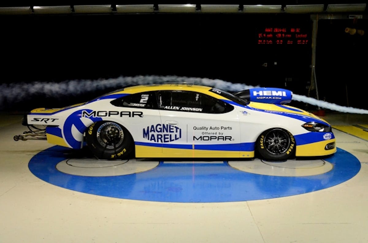 The new ‘Magneti Marelli Offered by Mopar’ Dodge Dart, to be driven by Pro Stock driver Allen Johnson, underwent aerodynamic wind tunnel testing in late February at Chrysler Group LLC headquarters in anticipation of its drag racing competition debut at the NHRA Gatornationals. Photo courtesy Mopar Motorsports
