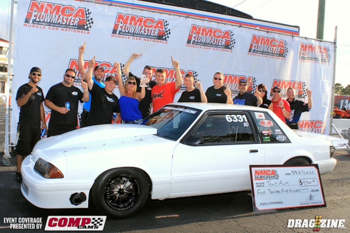Tony Alm took the win in Stainless Works Street Outlaw running a 7.214 at 192.02 MPH over Dwayne Barbaree who was quicker with a 7.177 at 195 MPH but his .657 reaction time was way off pace. Tony gives special thanks to his wife Patty, Thunder Autosports, ATF, Tig Vision, UPR, Mark Menscer and Tim Eichorn from from MPR for the reliable engine, NMCA and Bradenton Motorsports Park.