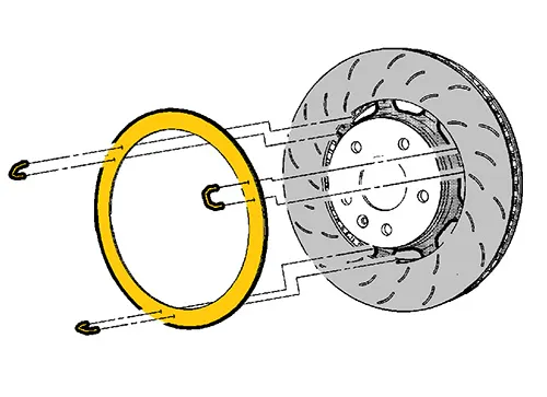 Chevy provides a pair of brake cooling rings with the Z51, which they recommend installing with safety wire before tracking the car. The rings help redirect air from the front ducts more efficiently through the core of the rotors. Chevy says they have to be removed for normal driving, since the dissimilar metals will corrode if left in contact.