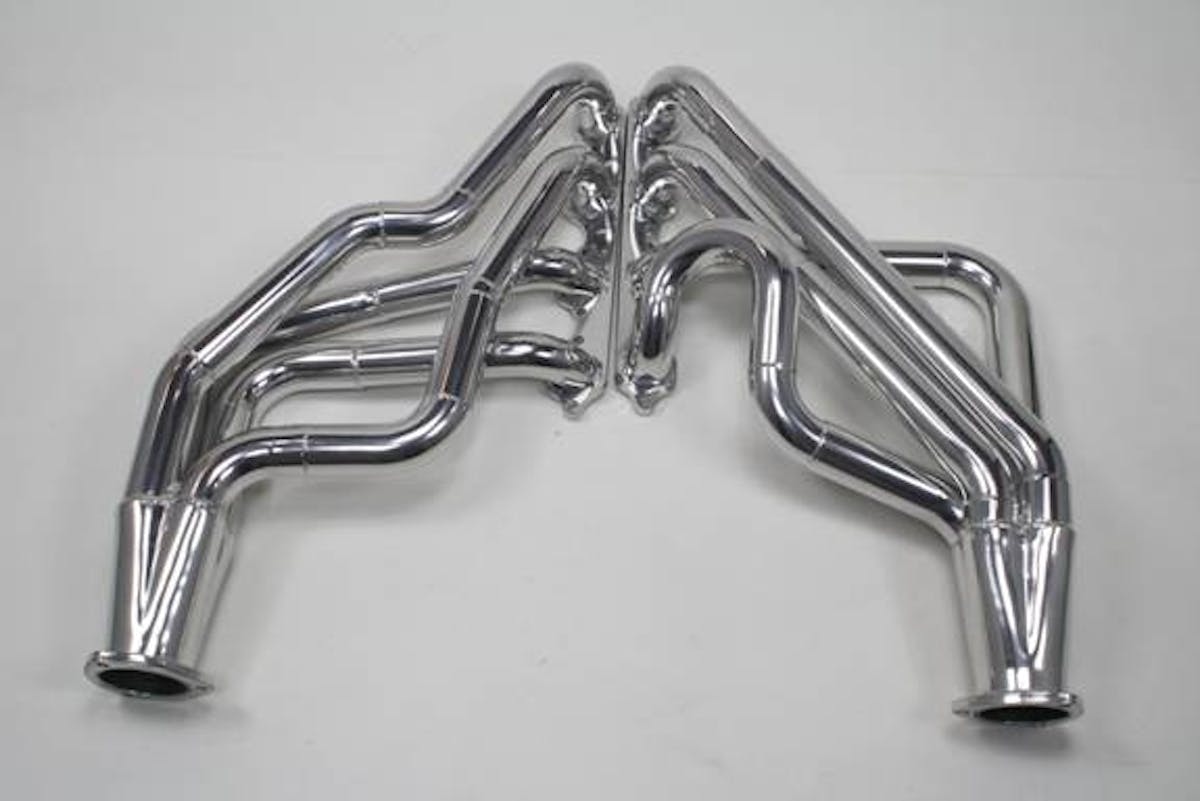 Our stepped headers, all finished and prior to installation. These have been coated with a metallic ceramic coating to reduce engine heat.