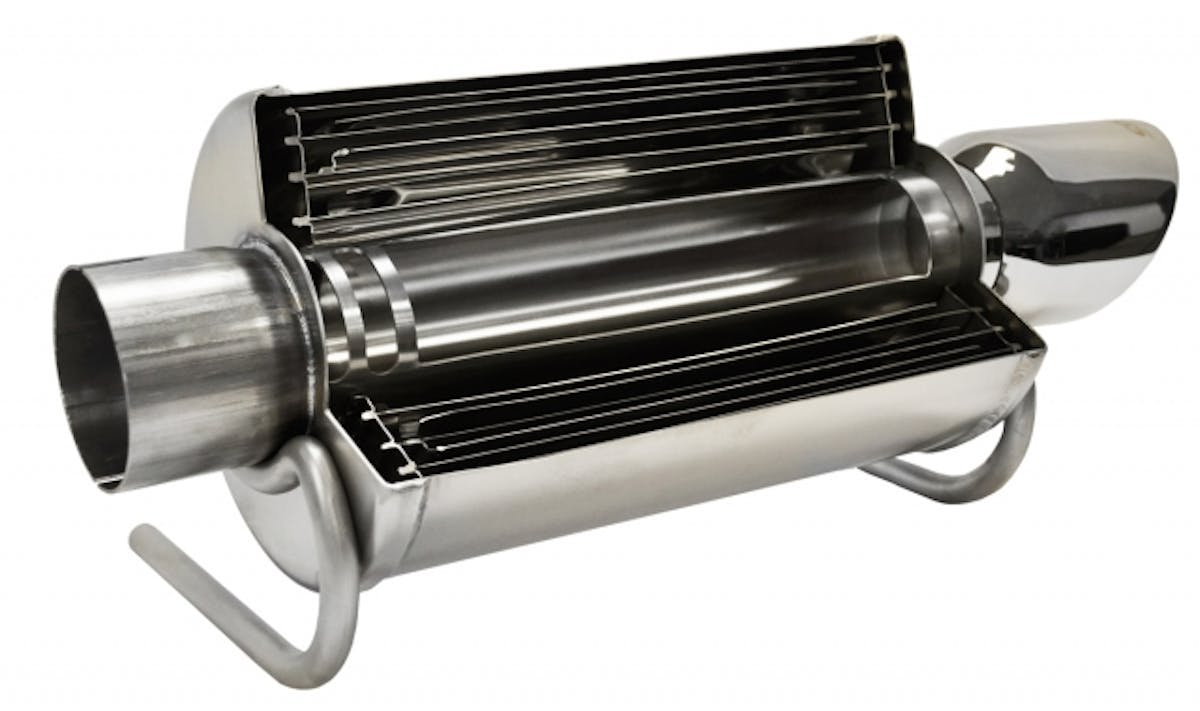 A full view of the RSCX technology - sound waves flow in on the left from the manifolds, and only the aggressive notes that you want to hear are funnelled out the back - everything else stays in the muffler, never to be heard again.