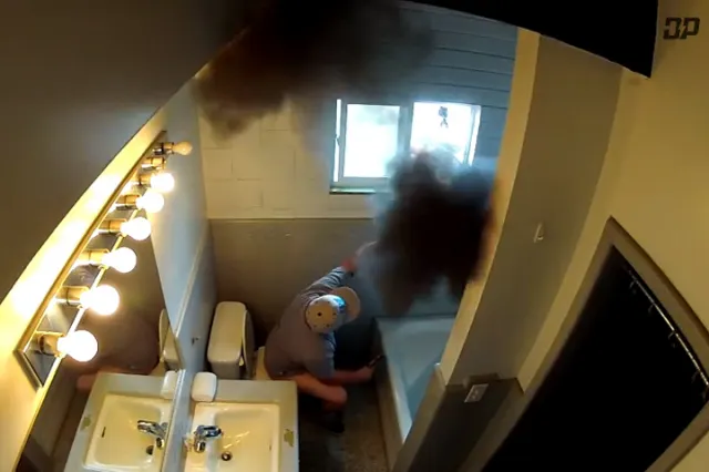 Last year's prank found Riche getting "smoked out" of the bathroom.