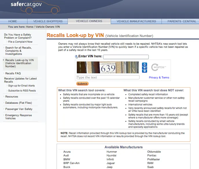 SaferCar VIN Racall Lookup