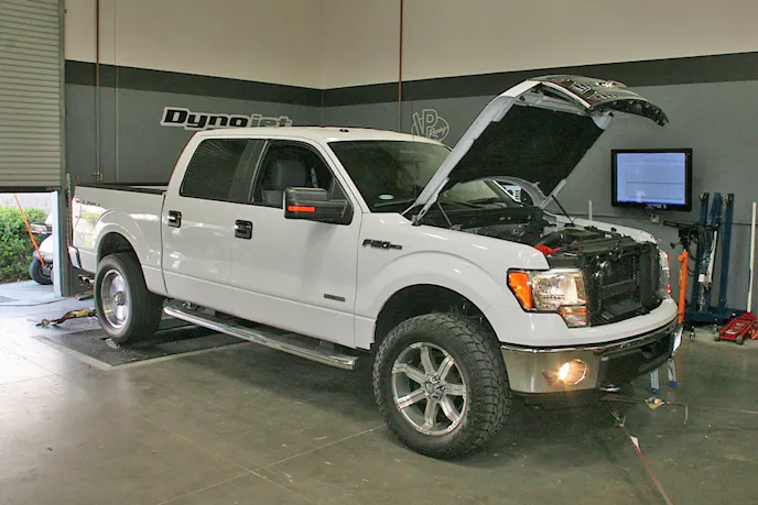 Strapping the 2013 Ford F-150 to our DynoJet to get baseline power numbers prior to installation was the first step.