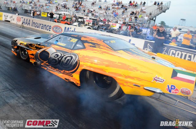 Q80 Racing's Turky al Zafiri stunned everyone in attendance this evening by clicking off an unreal 5.531 at over 262 MPH from his twin-turbocharged entry, resetting the world record set last night by Frankie Taylor. The Madman opted to sit out the third session to save parts, but might we see him later tonight to reclaim his title?