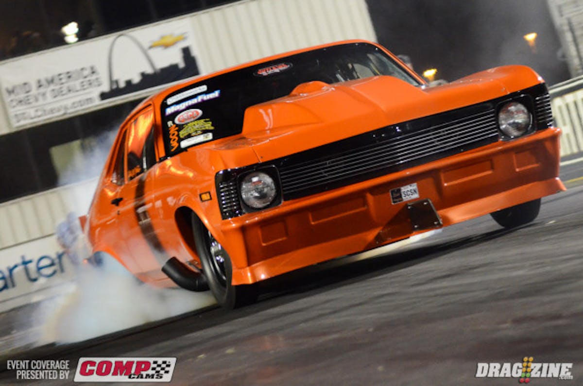 Justin Martin out his badass  '72 Chevy Nova on the pole in Xtreme Drag Radial/True 10.5 with a 4.45-second shot at 177 MPH that outpaced Mark Micke and his 4.53 from Thursday. Interestingly, Micke and his pseudo-teammate Mark Woodruff, who's competing in Outlaw 10.5, both made a nearly 9-hour haul to Norwalk to get qualified for the NMCA event this weekend, and then plan to return tomorrow for eliminations here in St. Louis before another trip back to Norwalk.