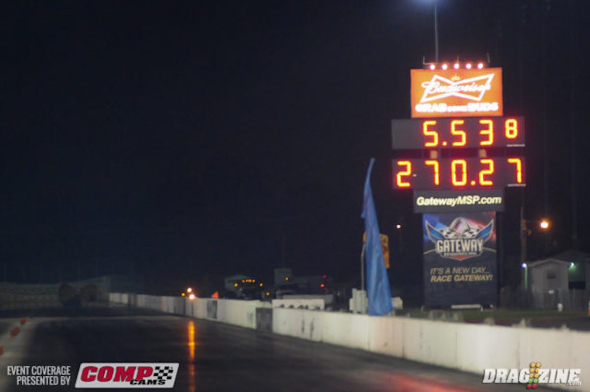 The performances demonstrated this weekend here in St. Louis in the Outlaw Pro Modified class, including Frankie Taylors' 5.52-second elapsed time record and Turky al Zafiri's 270 MPH blast, have gotten the attention of the entire drag racing world over the last three days. And we're hearing from sources throughout the pit area that officials from the NHRA (which sanctions the Gateway Motorsport Park and The Strip at Las Vegas Motor Speedway, site of the original Street Car Super Nationals) have been among those watching, as well. Are we perhaps witnessing the end of virtually unrestrained Pro Mod racing?