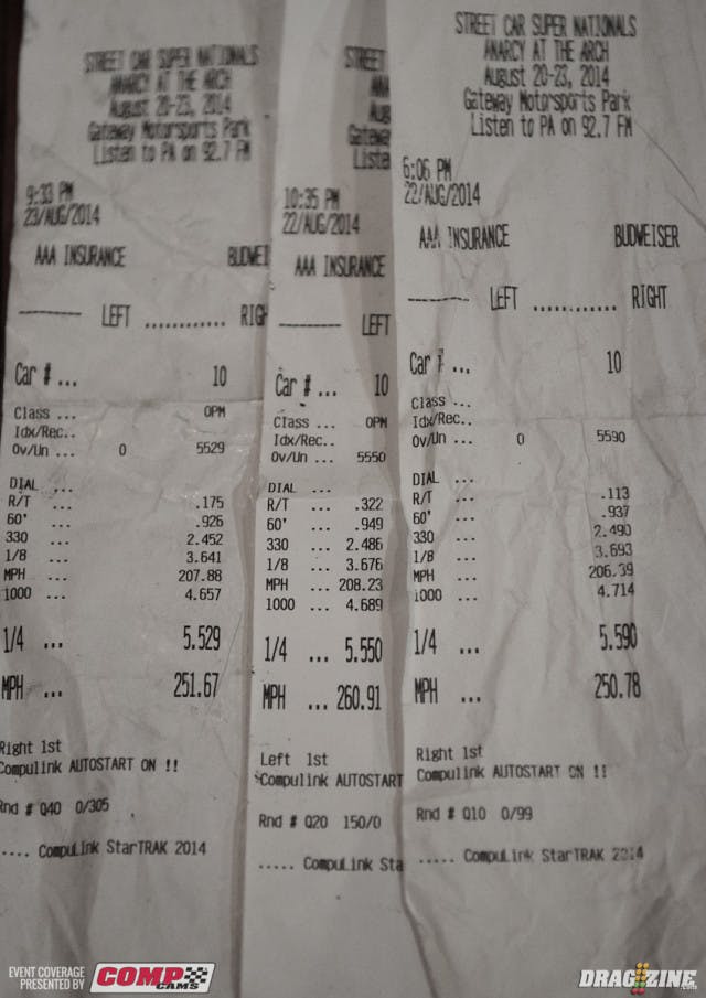 Here's Frankie "The Madman" Taylor's weekend resume, in order from right to left. According to Taylor, his screw-blown Corvette started eating up the blower belt at half track and finally departed just before the finish line on the 5.52 run, cutting his speed down to a mere (relatively speaking) 251 MPH. Taylor and his crew chief and brother, Paul Taylor, are confident the Stupid Fast machine can go a 5.48 or .49 tomorrow evening if they can keep the car happy for 1,320 feet.