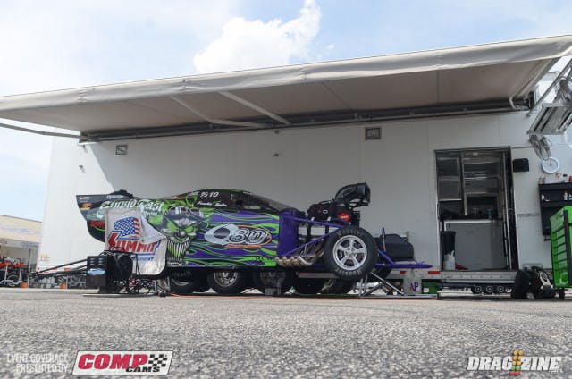 The presence of "The Madman" Frankie Taylor here at the Anarchy At The Arch is a headline if there ever was one. Taylor, who holds the all-time record for a door slammer in the eighth-mile at 3.48-seconds, is going to try his hand - for the first time - at the quarter-mile. If the wick on his screw-blown Corvette stays lit for 1,320 feet, it could be interesting.