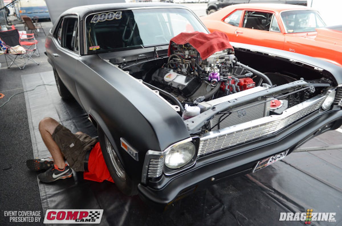 Texas racer Lamar Swindoll Jr. stood his sinister black '70 Nova WAY up on the bumper until well out to 330-feet in Wild Street qualifying last night, dragging the bumper and trailing a shower of sparks in his wake. Swindoll got things turned back around for the second session and laid down a 4.930, good for fifth in the order.
