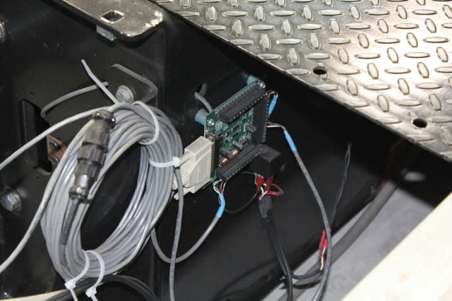 The breakout board is located on the dyno's frame near the roller.