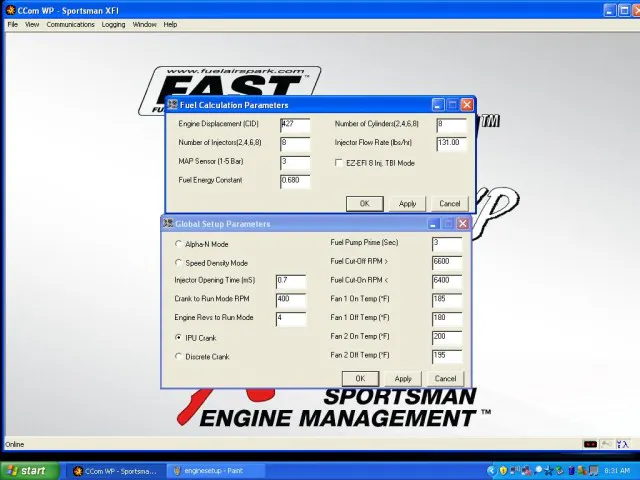 Here in the Startup Wizard is where you define specific operating parameters of the engine; the number of cylinders, fuel injector flow rates, MAP sensor capabilities, and so on. Note that our fuel energy constant with E85 needs to be set at .680 - gasoline would be 1.00.  Also, our injectors are actually 125 lb./hr. injectors, but running at our 58 psi fuel pressure, they become 131 lb./hr. injectors. The fuel cut off and on is your rev limiter - it will cut fuel at 6,600RPM, and start delivering fuel again when the engine speed drops below 6,400 RPM.