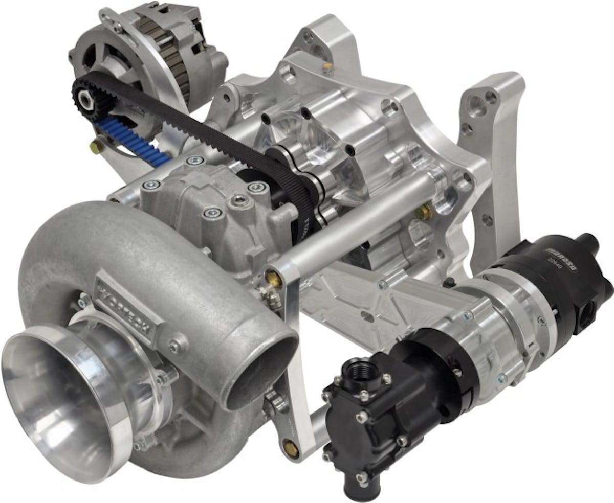 Chris Alston’s Chassisworks innovative supercharger drive system has taken the hassle out of mounting a vacuum pump to a centrifugal supercharged engine, with an almost unlimited amount of ways to belt drive crucial accessories. The Mororo vacuum pump attached to the side of the supercharger drive blends right in.