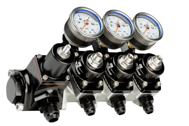 Not only can the pump be installed right onto existing mounting brackets, its modular configuration means that it can be run as an assembly or separately. Since each section of the system is threaded for O-ring fittings, the regulator can be run separately from the pump section. In addition, the regulator's design allows it to work seamlessly with Aeromotive's stackable nitrous fuel pressure regulators (part # 13217) as shown here.