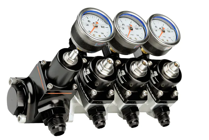 Not only can the pump be installed right onto existing mounting brackets, its modular configuration means that it can be run as an assembly or separately. Since each section of the system is threaded for O-ring fittings, the regulator can be run separately from the pump section. In addition, the regulator's design allows it to work seamlessly with Aeromotive's stackable nitrous fuel pressure regulators (part # 13217) as shown here.