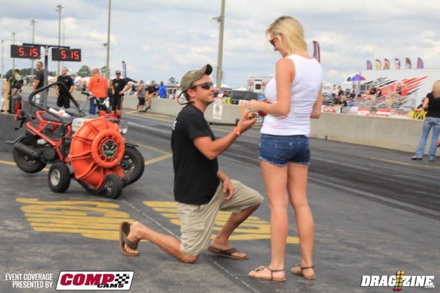 Thomas Finnegan took the opportunity to propose to his girl friend this afternoon here at No Mercy V. He was up in the tower talking to Al Tucci and a plan was hatched. In the center of the burnout area Thomas got on one knee and  and presented Charlee Keen with an engagement ring and she accepted. The two have known each other since childhood and now look forward to spending their lives together. 