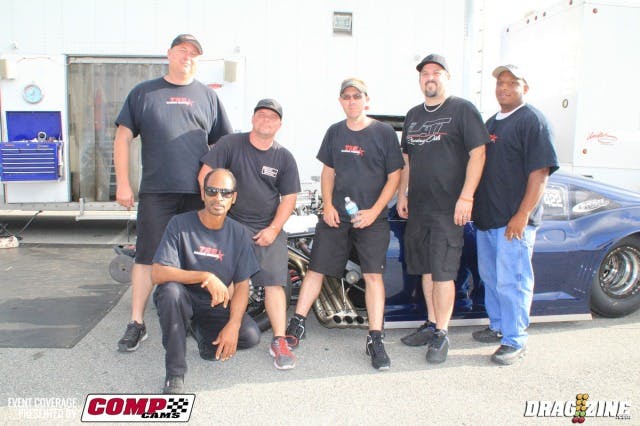 Taylor Lastor is here running two classes this weekend. He is entered in X275 with his Camaro and brought out a brand new Jerry Bickel NHRA/Pro Nitrous type chassis. Camaro that isn't quite finished yet. The first runs on the car were this weekend and the TRE crew is working the bugs out. The engine is also a brand new piece sporting 903 cubic inches of TRE horsepower backed by a TH 400. The X275 car also has a new engine using new cylinder heads from Edelbrock. Shown from left to right: Brian Sandlin,  Kenner Spears, Steve Benoit, James Kimball, Taylor Lastor and Reggie Richard.