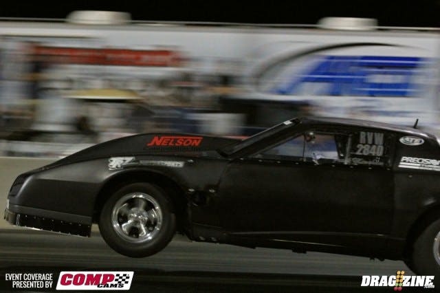 Frank Meshaw sits 17th in RVW improving on his earlier 4.219 to a .212 even after having to pedal the car after this wheelstand. Teens are in the works for Frank, racing partner Peg Fratena, TRZ Motorsports and the ATF crew.