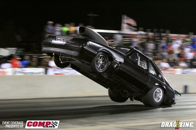 Charles Potter wowed the crowd with this spectacular wheel stand attempting to qualify for Radial vs the World. Potter hails from West Columbia, South Carolina and used Fulton power for his 1990 Mustang.