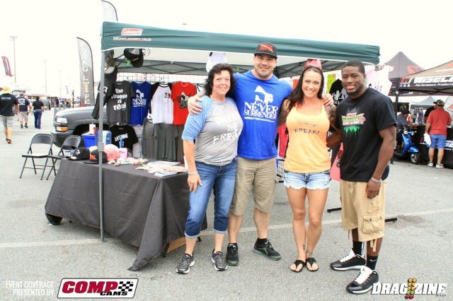 Freak off my Leash clothing has a booth set up for their first time at a drag race. The line was founded in 2013 with the website going live in February this year. Dakota and Christine Routh came on board through Lenco Jim and normally market to fitness and street wear market including shirts, hoodies, hats ect. They are really enjoying the atmosphere and are already discussing designs targeted to the drag racing market.