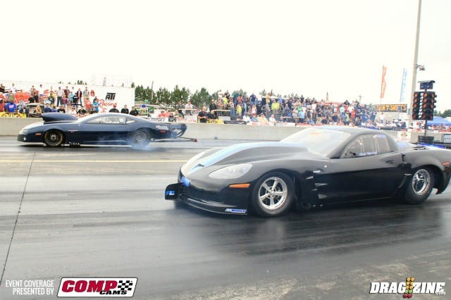 Mark Woodruff (near lane) earned a round one win over Taylor Lastor running a personal best 4.104 at 192.33 MPH, scoring low ET to Lastor's game 4.248.