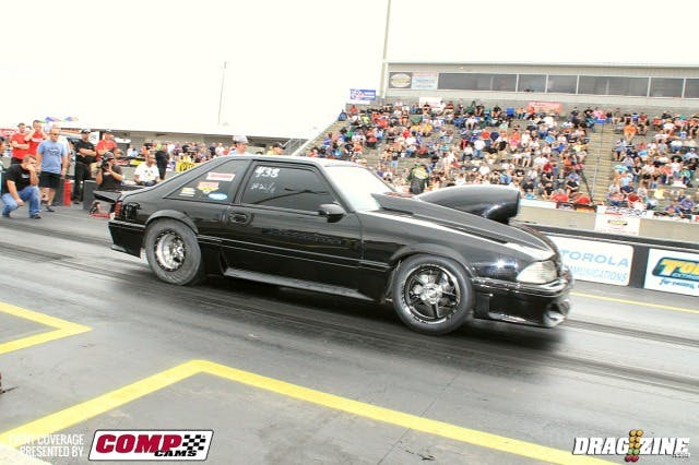 Nitrous X Racer Scott Vestal hails from Bristol, TN running an 89 Mustang with 464 cubic inches under the hood. The car left hard scoring a 4.84 at 143 MPH.