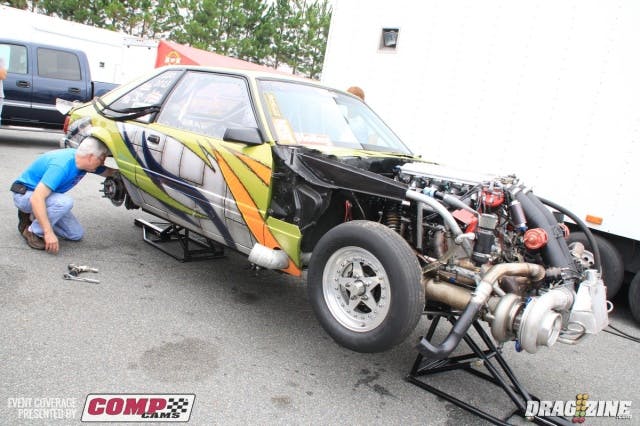 Chris Tuten is running Outlaw Drag Radial again here at No Mercy V and ran a 4.31 earlier today. He is running the same combo with a new converter from Cameron at Torque Converter Specialties. He made a second pass later this afternoon spinning the tires in the lights which led to him spinning out. Luckily he was able to keep the car off the wall but will have some other repairs to take care of before coming back out.