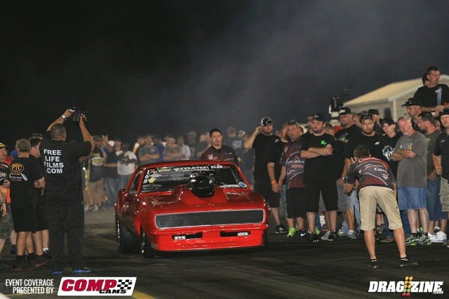 Ron Rhodes faced off with Kyle Hand who had purchased the infamous white 77 Trans Am formerly owned by Ducky Johnson and driven by Patrick Clenney who exited first round in the teams Mustang in a loss to Shane Fisher. Rhodes took a small starting line advantage and went on to win with a 4.70 at 151 to Hand's 4.77 at 147.