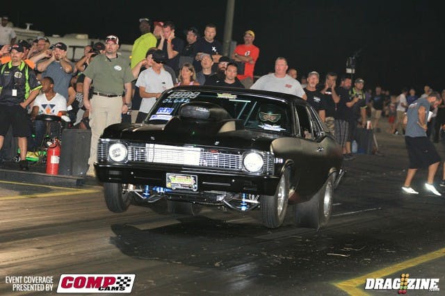 Outlaw 632 had a good mix of big and small tires cars with troy Pirez Sr. scoring to qualifier with a 4.593 at 157 MPH. Round three saw Lamar Swindell Jr. ride out a wheelie and spin across the center line right at the stripe taking out the MPH cone in a great save to keep it off the wall in his match with Gary Wright who moved on to the semi with to face off with Allen Ditto. Swindell Jr. shown here on the way up.