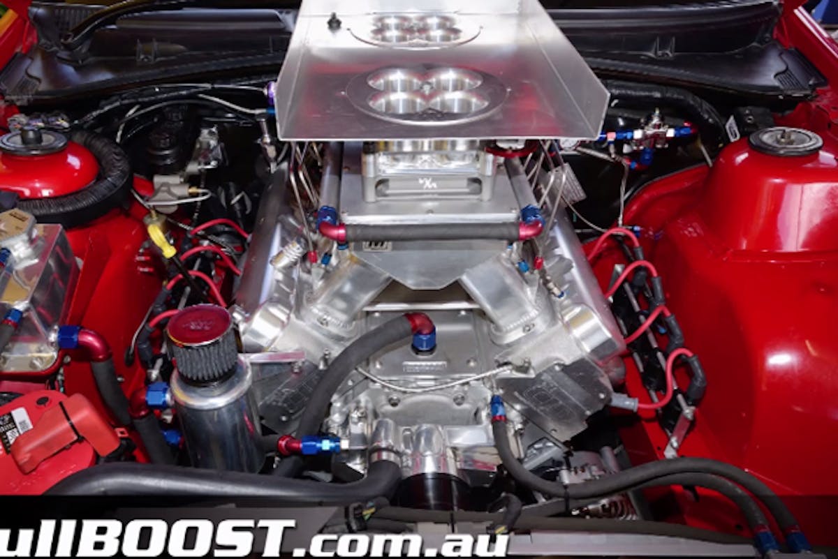 A shot of the LSX V8 under the hood of Holmyard's Commodore.