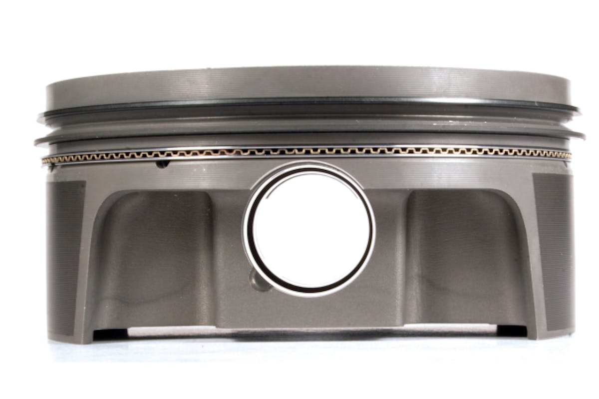 Side view of the 1.0/1.0/2.0mm piston ring pack. Not intersecting the pin is a good thing, both from an oil control and rotating assembly weight perspective.